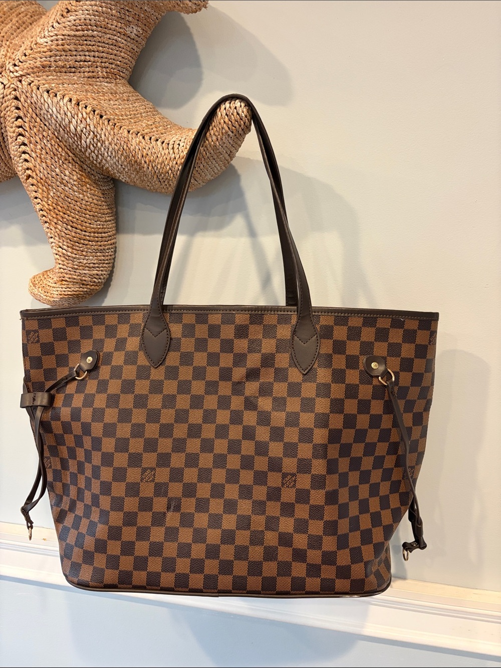 Classic Brown Checkered Tote Bag with Dark Brown Trim